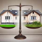 Conceptual graphic showing a balance scale with one house side in perfect condition and the other in disrepair, representing the ethical dilemma in real estate photography.