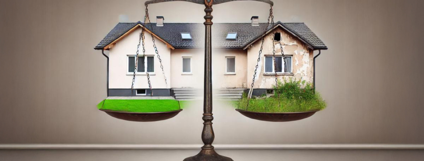 Conceptual graphic showing a balance scale with one house side in perfect condition and the other in disrepair, representing the ethical dilemma in real estate photography.